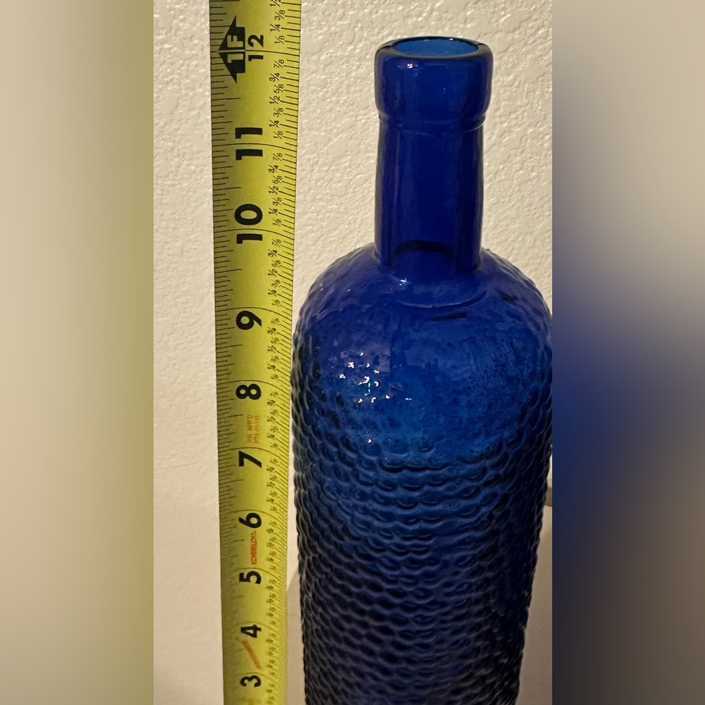 Cobalt Blue Ornate Recycled Glass Bottles Made In Spain Vintage Set Of 2 - Picture 8 of 8